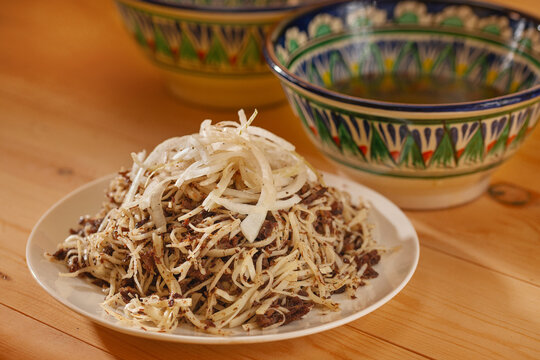 Traditional uzbek noodle with horse meat. Naryn.