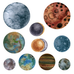 Set of abstract planets isolated on white background. Watercolor illustration for your design.