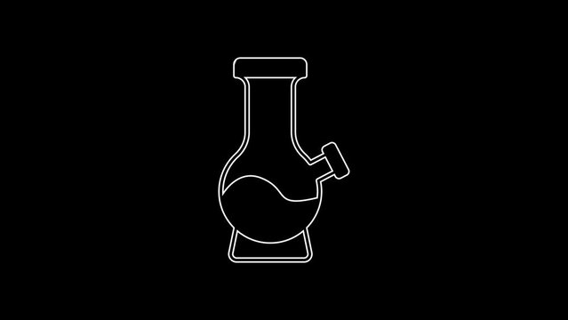 White line Glass bong for smoking marijuana or cannabis icon isolated on black background. 4K Video motion graphic animation