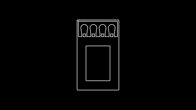 White line Open matchbox and matches icon isolated on black background. 4K Video motion graphic animation