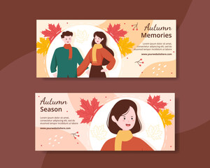 Fototapeta premium Autumn Horizontal Banner Template Hand Drawn Cartoon Background Vector Illustration