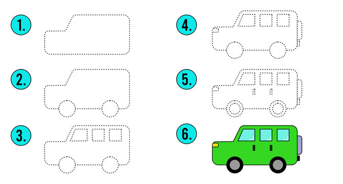 Vector Illustration. Worksheet For Preschool, Kindergarten And School Age. Trace Line And Color Car. Increasing Complexity