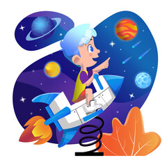 Boy playing on space playground vector illustration