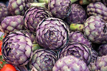 Big purple globe artichokes heads on farmers market in Brittany, France