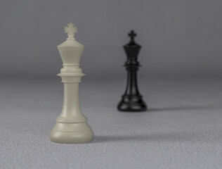 White chess king in foreground and focus, black chess king in blur background, 3d illustration