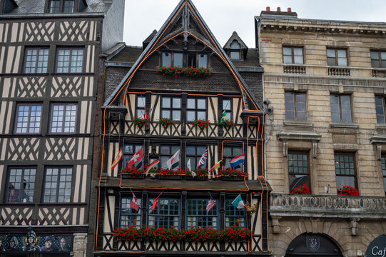 Walking in old centrum part of Rouen city, streetview, tourists destination city in Normandy, France