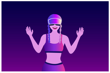 Woman wearing virtual reality goggle glass, having 3d experience in virtual reality  vector illustration. Metaverse and blockchain 3D experience technology concept
