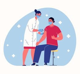 Concept of herd immunity during epidemic. Female doctor gives patient injection in shoulder. Vector cartoon style illustration with people characters.