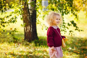 A child in an autumn park. A blonde curly-haired girl in a burgundy sweater and dress walks in a sunny park in autumn.