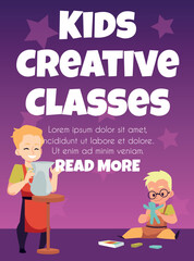 Art crafts class poster with happy kids sculpt with plasticine and pottery clay.