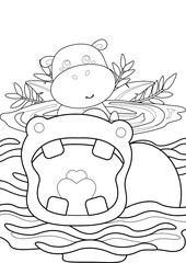 Hippo Animal Theme Coloring Pages A4 for Kids and Adult