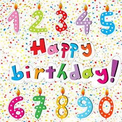 Fototapeta na wymiar Set of Happy Birthday numbers from candles on white background with colorful confetti