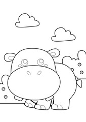 Cute Animal Hippo Coloring Pages A4 for Kids and Adult