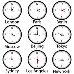 World time zone with wall clocks showing time in different cities of the world.