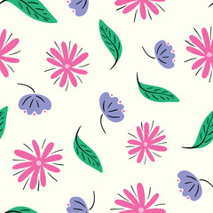 Flower pattern background vector border, trendy seamless repeat design banner of hand drawn flowers and leaves. 