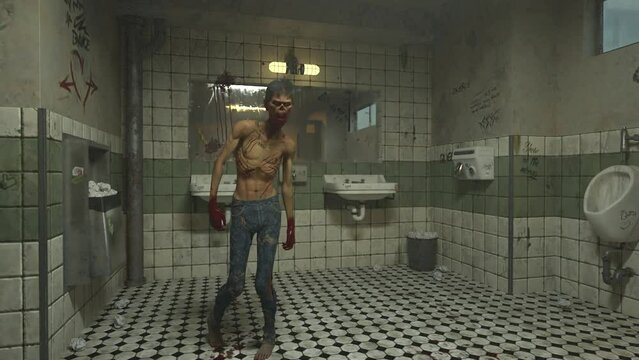 Zombie Male Walking In A Public Toilet 3d Animation