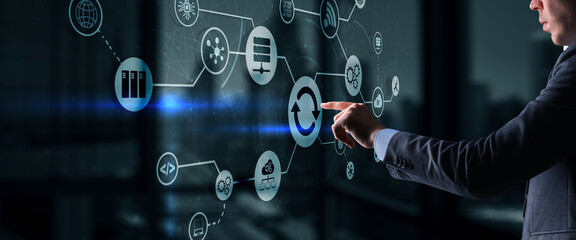 Man clicks on the Update icon. Upgrading concept