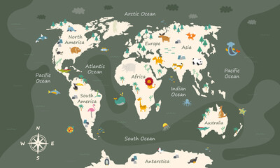 Modern world map illustration with cartoon animals discovery of nature and name of continents, name of oceans and name of countries © Mira Asami