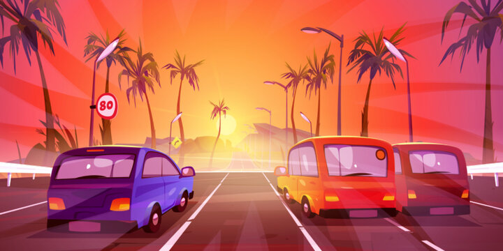 Cars driving at highway on beautiful tropical dusk landscape with palm trees and street lamps by sides. Automobiles rear view riding by road going into the distance, sunset Cartoon vector illustration