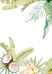 Summer wreath, border, frame with tropical fruits, flowers and palm leaves. Hand painted watercolor illustration.