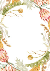 Frame/border with tropical flowers and leaves. Perfect for wedding invitations, cards, save the date. Hand painted watercolor clipart.