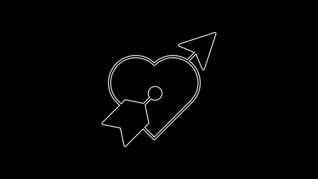 White line Amour symbol with heart and arrow icon isolated on black background. Love sign. Happy Valentines day. 4K Video motion graphic animation