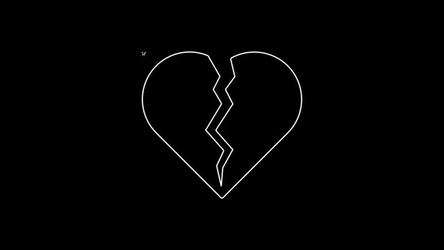 White line Broken heart or divorce icon isolated on black background. Love symbol. Happy Valentines day. 4K Video motion graphic animation