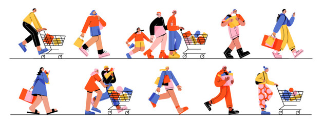 Happy people run to store sale. Vector flat illustration of diverse men and women with shopping carts and bags running for purchases. Concept of black friday sale, discount in shop