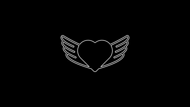 White line Heart with wings icon isolated on black background. Love symbol. Happy Valentines day. 4K Video motion graphic animation