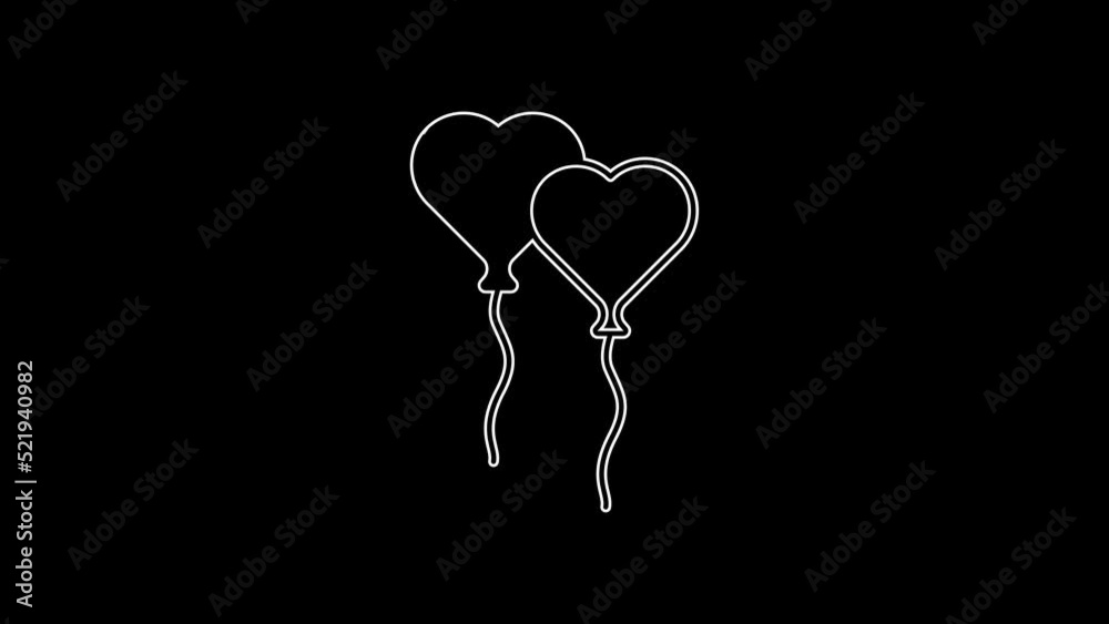 Poster White line Balloons in form of heart with ribbon icon isolated on black background. Valentines day. 4K Video motion graphic animation