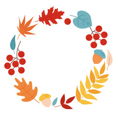 Round frame of autumn leaves, acorns and rowan