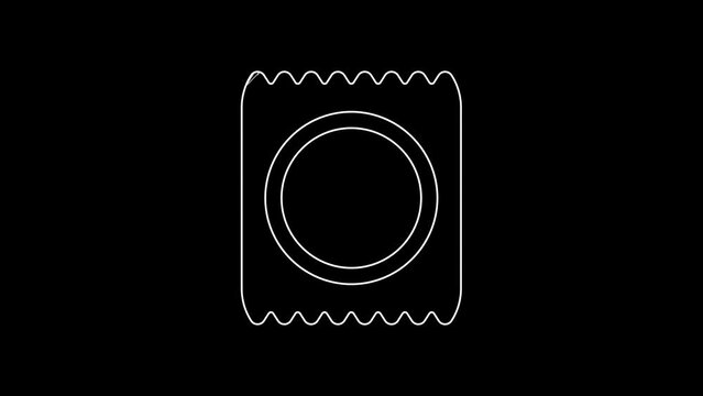 White line Condom in package icon isolated on black background. Safe love symbol. Contraceptive method for male. 4K Video motion graphic animation