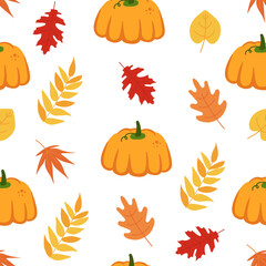 Cute seamless pattern with autumn leaves, pumpkins