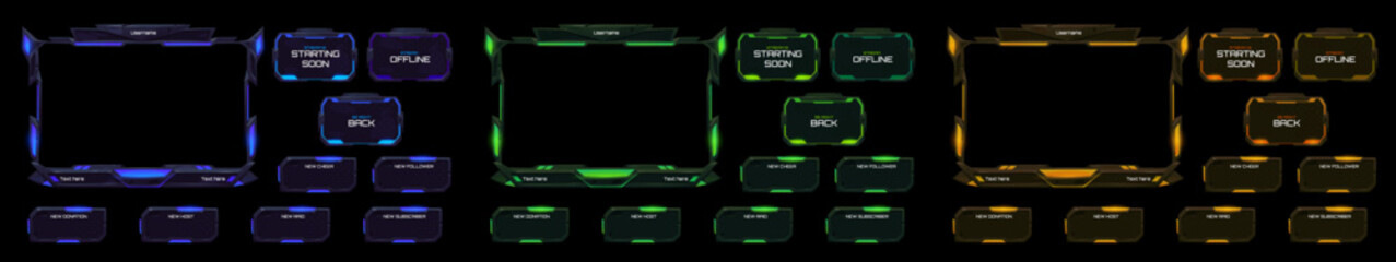 Neon stream overlay, mmo game menu, space ui frame. Streaming screen, gamer username panels and buttons. Template for esport, online live video, digital user interface glow borders, vector set