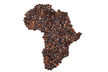 African continent shape made of coffee beans, isolated on white background