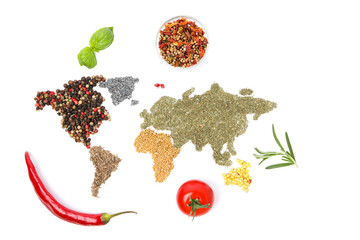 Map of world made from different kinds of spices and ingredients isolated on white background