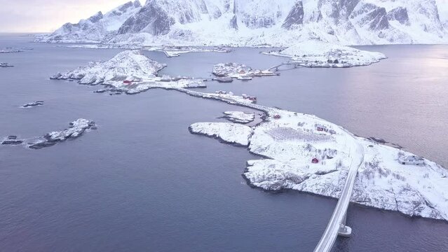 Aerial shot of the bridge connecting the islands around Hamnoy, Lofoten Islands, Noway.