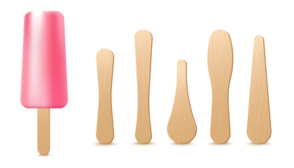 Popsicle on stick, set of different wooden sticks in vector illustration