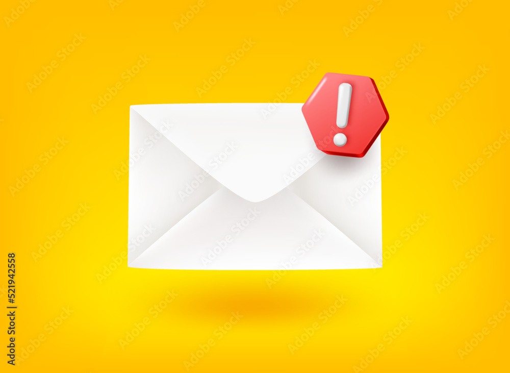 Poster paper envelope with exclamation point. vector 3d illustration