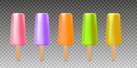 Popsicle on wooden stick, set of different colorful ice creams in vector