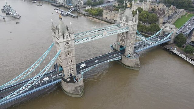 Aerial view of the Tower Bridge and its traffic jam, London