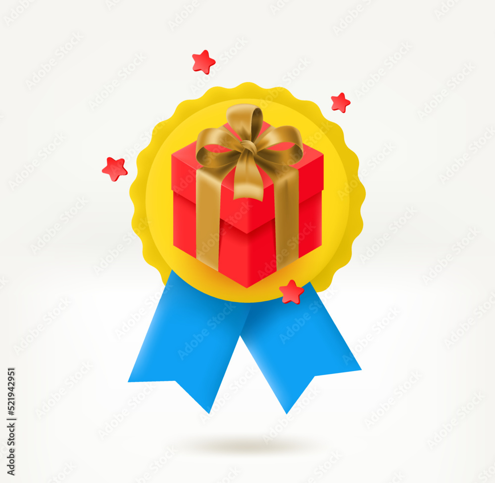 Poster insignia with gift box. achievement concept. 3d vector icon