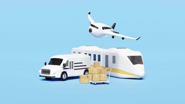3d worldwide shipping with delivery van, plane, sky train transport isolated on blue background. service, transportation, air cargo trucking, railway shipping, land transport concept, 3d animation