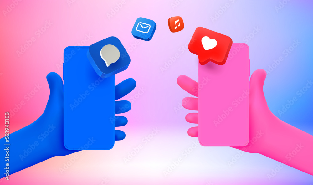 Poster people using smartphones for file sharing. 3d vector illustration with holographic effect