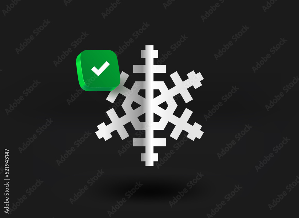 Poster Silver snowflake with checkmark icon. 3d vector illustration