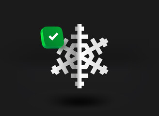 Silver snowflake with checkmark icon. 3d vector illustration