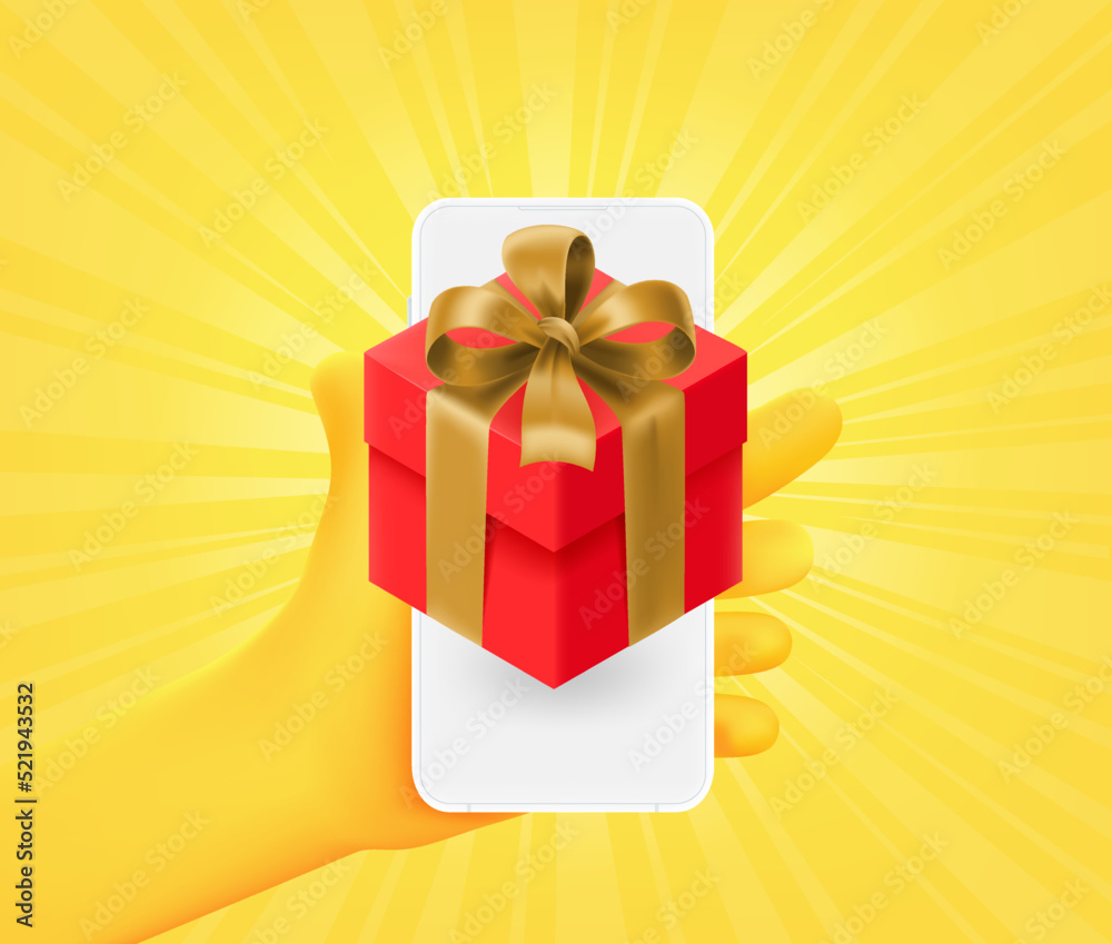 Poster receiving surprize box via smartphone. 3d vector illustration