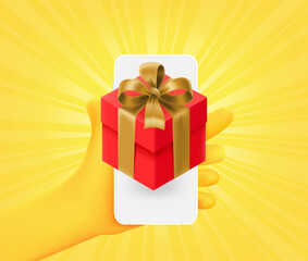 Receiving surprize box via smartphone. 3d vector illustration