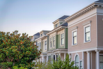 Houses exterior in San Francisco, California with greek style pillars