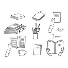 book set hand drawn in doodle style. vector, minimalism, monochrome. learning, knowledge, story, reading, fairy tale.